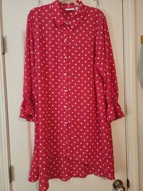 Susan Graver Pink Polka Dot Shirt Dress Buttin Front Hi-low Hem 1X Long Sleeve